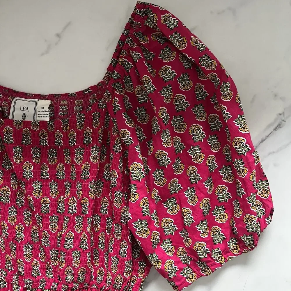 Anthropologie LEA Smocked Floral Cotton Maxi Dress Pockets 1X Country Chic Boho - Picture 5 of 8